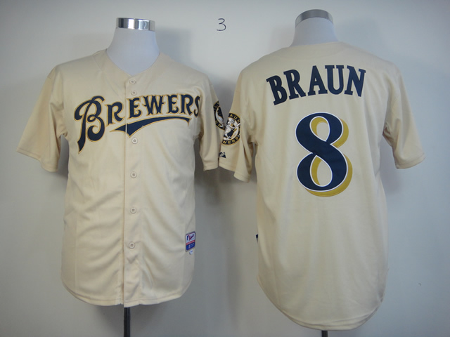 Men Milwaukee Brewers 8 Braun Cream MLB Jerseys